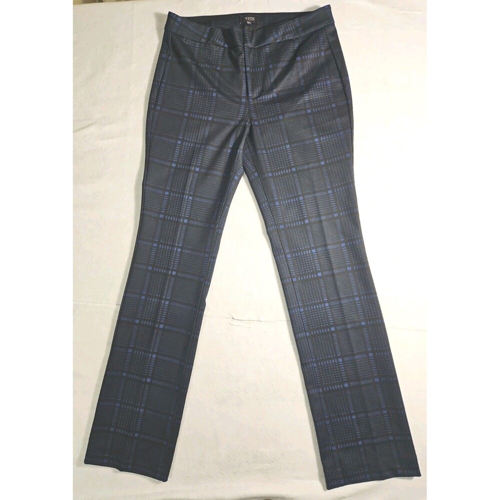 NYDJ Plaid Dress Pants Women Blue Black Ponte Knit Lift Tuck Trouser Size 8 EUC